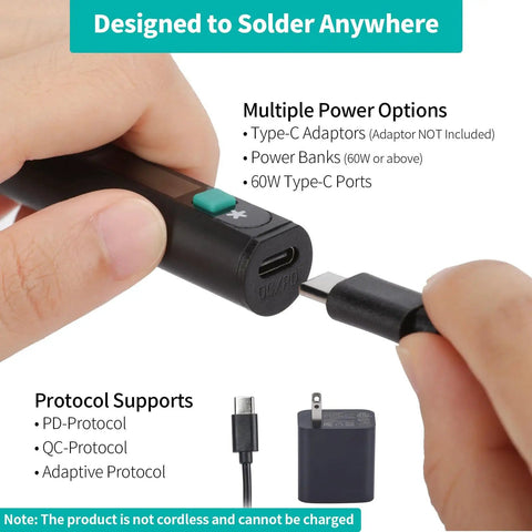 Detail of 928D IV Pro Grade All In One Soldering Iron Kit With Type C Port highlighting multiple power options and protocols support.