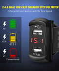 Close-up of 2 Gang Rocker Switch Panel With Red Backlight, 4.8 Amp Dual USB Charger, Voltmeter, Waterproof 12V 24V DC