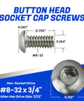 Top Shelf Premium Button Head Socket Cap Screws 8-32 X 3/4 Inch 50 Pack 18-8 Stainless Steel showing dimensions and hex drive details.