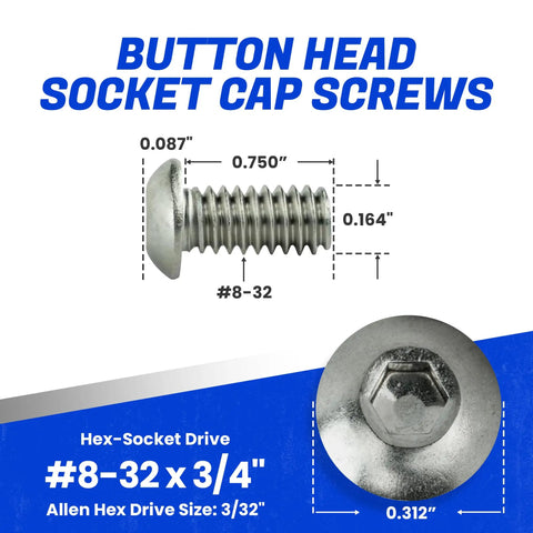 Top Shelf Premium Button Head Socket Cap Screws 8-32 X 3/4 Inch 50 Pack 18-8 Stainless Steel showing dimensions and hex drive details.