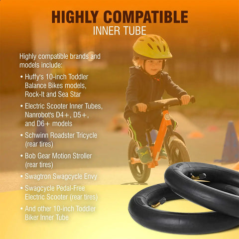 Child on bike with Two Pack 10x2 Replacement Inner Tubes For 10 Inch Wheels 1.95 to 2.125 With Two Levers in foreground