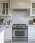 Modern kitchen with white cabinets, featuring 30 Pack 5 Inch Hole Center Kitchen Cabinet Handles Curved Black Zinc Alloy Drawer Pulls.