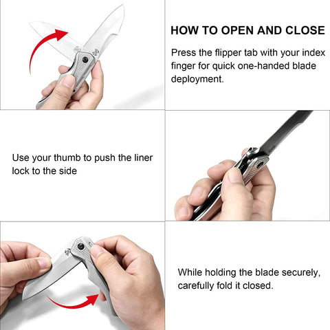 Instructions showing how to operate EDC Pocket Knife With 3.5 Inch Flipper And Liner Lock 420C Stainless Steel Blade Lightweight Tactical Knife