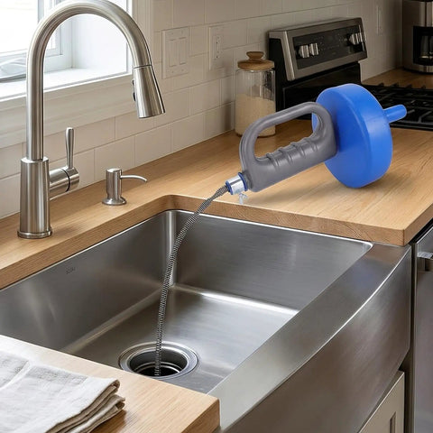 33 Foot Manual Drain Auger Snake Heavy Duty Spring Steel Pipe Cleaner positioned over a stainless steel sink ready for use.