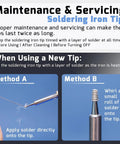 Soldering iron tips maintenance instructions with images for Method A and Method B on how to tin soldering tips.