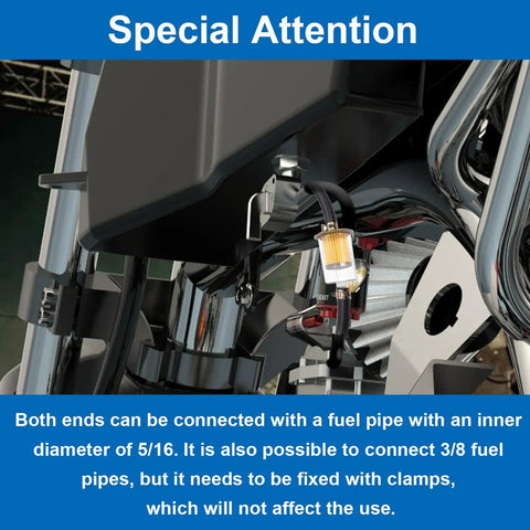 Mounted 4 Pack 5 By 16 Inch Inline Fuel Filter Kit With 8 Hose Clamps for motorcycles cars and trucks visible on engine.