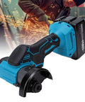 Pro Grade Cordless Cut Off Tool And Compact Angle Grinder Combo With Variable Speed Control For Badass Wood Metal Tile Cuts And Serious Workshop Jobs Usa Plug shown from left angle with battery pack.