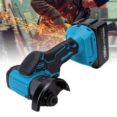 Pro Grade Cordless Cut Off Tool And Compact Angle Grinder Combo With Variable Speed Control For Badass Wood Metal Tile Cuts And Serious Workshop Jobs Usa Plug shown from left angle with battery pack.