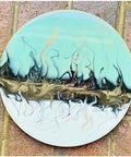 Turquoise Resin Lazy Susan with Handcrafted Wooden Turntable, 10 Inch Modern Serving Tray and Centerpiece for Dining Table