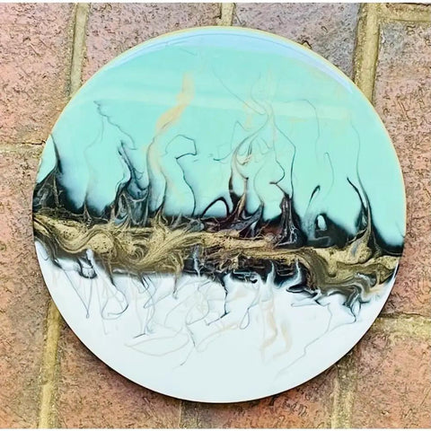 Turquoise Resin Lazy Susan with Handcrafted Wooden Turntable, 10 Inch Modern Serving Tray and Centerpiece for Dining Table