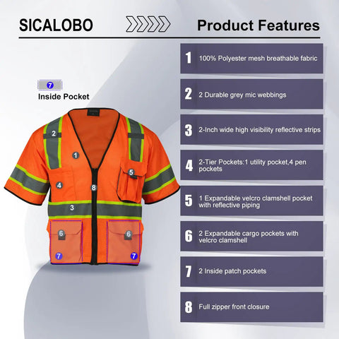 Kickass Mens High Visibility Mesh Safety Vest With Ten Functional Pockets And Zipper Front Ansi Class Three Reflective Work Gear.