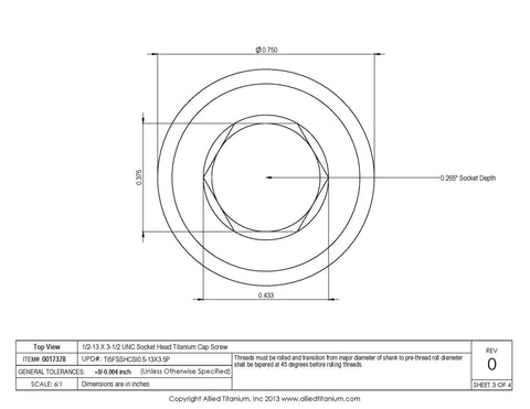 Top view diagram of 1/2-13 X 3-1/2 Inch Socket Head Cap Screws Made From Grade 5 Titanium Alloy, features detailed dimensions.
