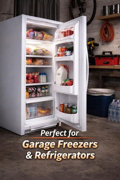 Open refrigerator in garage with WiFi Door Alarm For Freezer And Refrigerator With Text Alerts And App Notifications When Door Is Left Open No Hub No Subscription Adjustable Delay And Volume Alexa Announcements And Remote Alerts For Home Or Garage