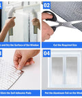 Block Blinding Summer Sun And Keep Your Pad Chill This Durable Double Reflective Aluminum Foil Window Film For RV Car And Garage Doors Features 12 Hook And Loop Pads For No Sweat Setup And Long Lasting Coverage installation steps shown, including cleaning, cutting, sticking pads, and applying film.