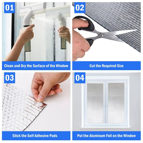 Block Blinding Summer Sun And Keep Your Pad Chill This Durable Double Reflective Aluminum Foil Window Film For RV Car And Garage Doors Features 12 Hook And Loop Pads For No Sweat Setup And Long Lasting Coverage installation steps shown, including cleaning, cutting, sticking pads, and applying film.