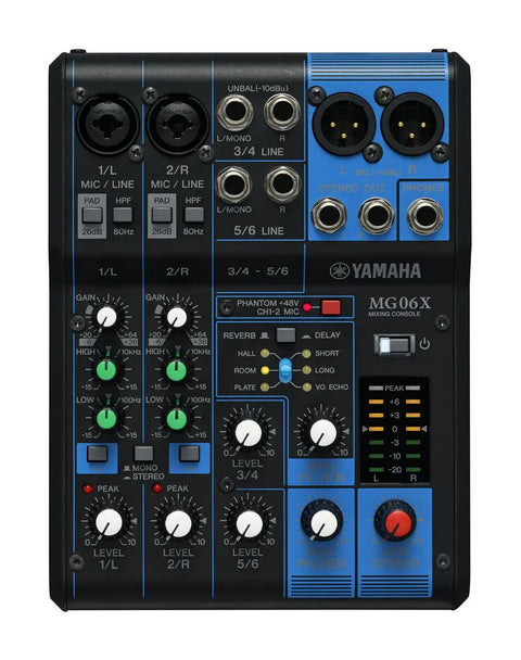 Top view of a six channel mixing console with built-in effects, two mic preamps, and six line inputs for home studios and live gigs.