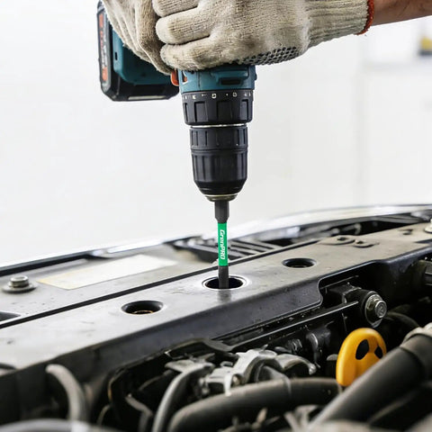 Using Badass 11 Piece S2 Steel Torx Screwdriver Bit Set Featuring Nuclear Magnetic Tips in a car engine.