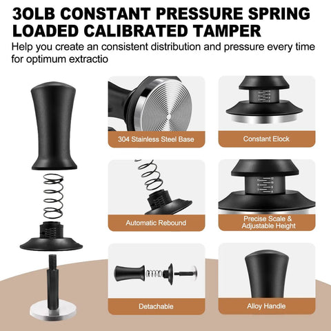 All-In-One 58mm Espresso Accessories Kit With Spring-Loaded Calibrated Tamper showing parts and features