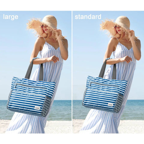 Waterproof Sandproof Beach Tote Bag With Large Capacity Two-In-One Foldable Design For Women Navy Stripe Includes Extra Small Purse Durable Beach Gear Organizer Perfect Family Day At The Shore.