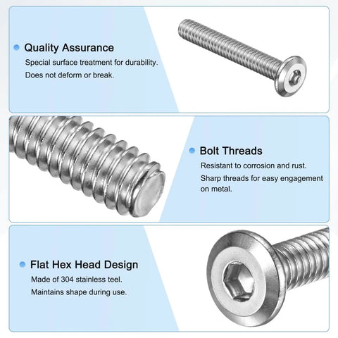 Sweet 10 Pack Flat Head Socket Cap Screws 1/4-20 X 1-3/4 Inch Hardcore 304 Stainless Steel Hex Drive Fastener Kit Includes Hex Key Totally Rad For Machine Furniture Automotive Marine Projects Full Thread UNC Hexagon Bolts Ready Now. 304 stainless flat head screw close-up