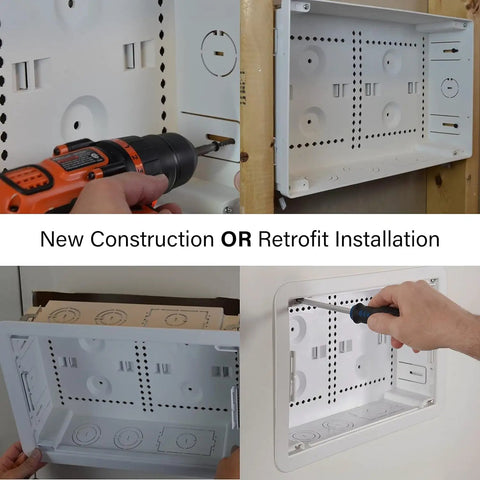 Installation of 9 Inch In Wall Media Box for Device and Cable Management with Customizable Knockouts and Removable Mounting Plate