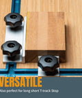 Top Notch T Track Knob Kit With Seven Star Knobs One Quarter Twenty Threaded Bolts And Washers Includes T Bolts And Storage Case For Universal T Track And Double Cut Systems Perfect For Woodworking Jigs And Fixtures on wood surface installed