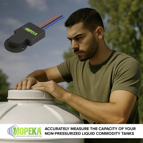Man installing Pro200 Ultrasonic Tank Level Sensor with Bluetooth and wired connectivity on non-pressurized tank outdoors.
