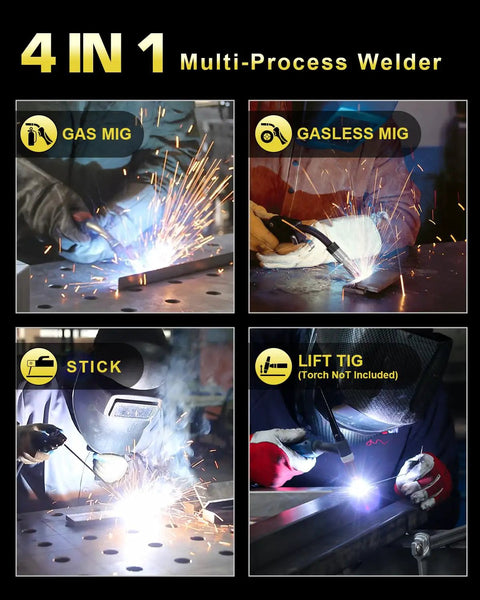 160 Amp 110V Multi Purpose MIG TIG Stick Welder showing 4 modes: Gas MIG, Gasless MIG, Stick, and Lift TIG in action.