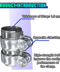 2 Inch Automotive Exhaust Pipe Band Clamp Made from 409 Stainless Steel for a Rock Solid Hold, showing 1.5mm strap thickness and features.