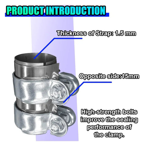 2 Inch Automotive Exhaust Pipe Band Clamp Made from 409 Stainless Steel for a Rock Solid Hold, showing 1.5mm strap thickness and features.