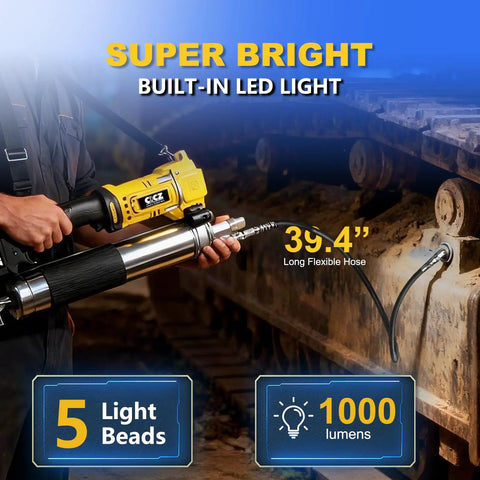 Electric Cordless Grease Gun With 10000 PSI High Pressure 39 Inch Hose Variable Speed Trigger Works With DeWalt 20V Batteries Compatible With Bulk And Cartridge Grease Includes Four Couplers Tool Only in use on machinery