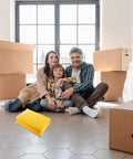 Family sitting on floor with boxes and yellow bubble mailers. Waterproof Bubble Mailers 25 Pack 28x37 cm Plus 6 cm Thick Self Adhesive Padded Envelopes displayed.
