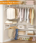 Heavy Duty Workhorse Wall Mounted Closet Shelves With Hanging Rod Four Pack Floating White Wire Shelving For Laundry Room And Garage Organization Straight Shooter Setup with neatly organized clothes and linens.