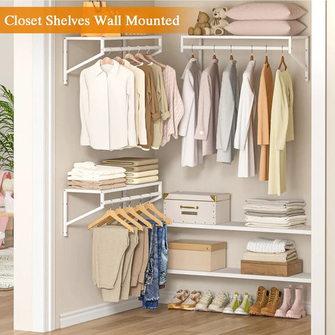 Heavy Duty Workhorse Wall Mounted Closet Shelves With Hanging Rod Four Pack Floating White Wire Shelving For Laundry Room And Garage Organization Straight Shooter Setup with neatly organized clothes and linens.
