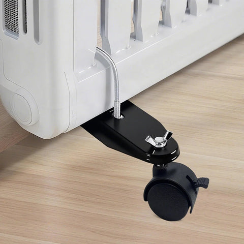 Black metal Tceapoo mobile pulley bracket attached to oil-filled radiator; features 360° swivel caster wheel and brake.