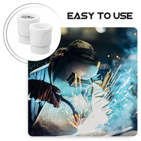 Premium Ceramic Tig Welding Torch Cups for Precision Arc Welding Performance shown with welder in action, heat resistant and durable.