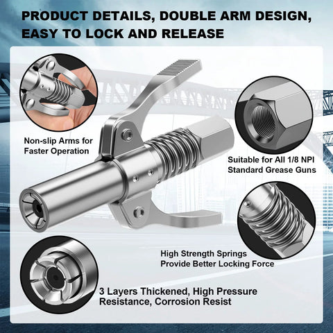 Grease gun coupler with lever, chrome-plated steel, 1/8 NPT fitting