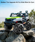 Rubber Tire Upgrade Kit For Power Wheels Ride On Cars on rocky terrain showcasing anti slip and noise reduction features.