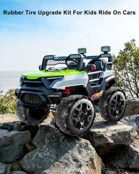 Rubber Tire Upgrade Kit For Power Wheels Ride On Cars on rocky terrain showcasing anti slip and noise reduction features.