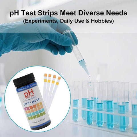 Person using pH Test Strips 0 To 14, 100 Strips Universal Litmus Paper for liquid testing with test tubes and dropper