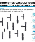 Black nylon vacuum connectors from Multi Size Automotive Silicone Vacuum Tubing Kit with various shapes and sizes for engine use.