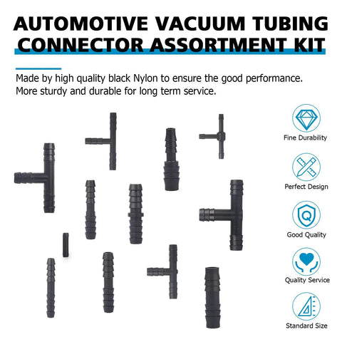 Black nylon vacuum connectors from Multi Size Automotive Silicone Vacuum Tubing Kit with various shapes and sizes for engine use.