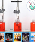 Heavy Duty Automatic Liquid Filling Machine On Rugged Conveyor Belt with double outlet filling jars of red liquid.