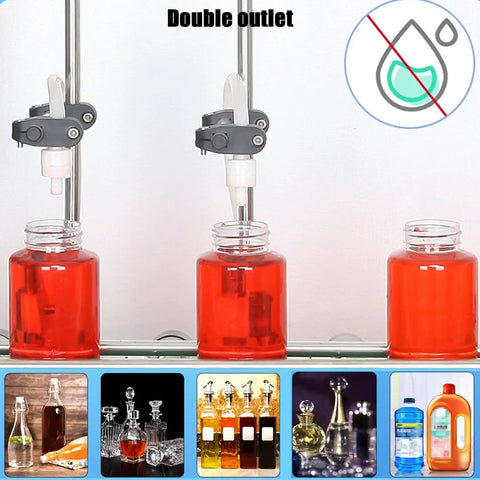 Heavy Duty Automatic Liquid Filling Machine On Rugged Conveyor Belt with double outlet filling jars of red liquid.