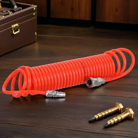 Premium Heavy Duty Recoil Air Hose For Air Compressor Killer Leak Proof System With Strong Quick Attach Connectors Built To Be Real Tough For Serious Daily Use In Auto Shops Or Home Garage Spaces Flows Great For Paint Guns Nailers With Zero Woes, orange coil