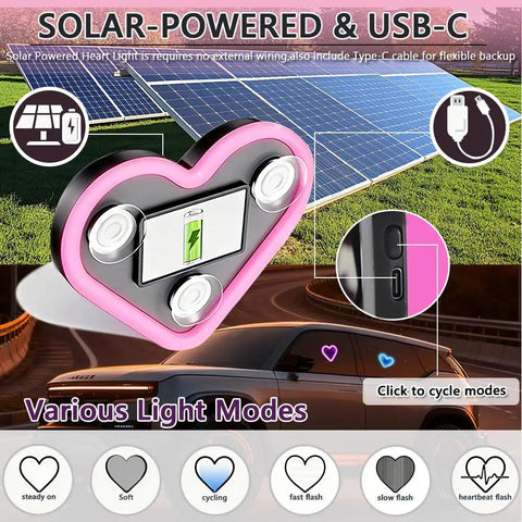 Solar Powered Heart Light For Cars Wireless LED Ambient Lamp With 6 Modes And Vibration Sensor Auto On At Night diagram