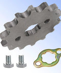 Front Engine Sprocket 420 14T 17mm Bore For 50cc To 160cc Dirt Bikes, 14 Tooth Gear shown with mounting bolts and plate