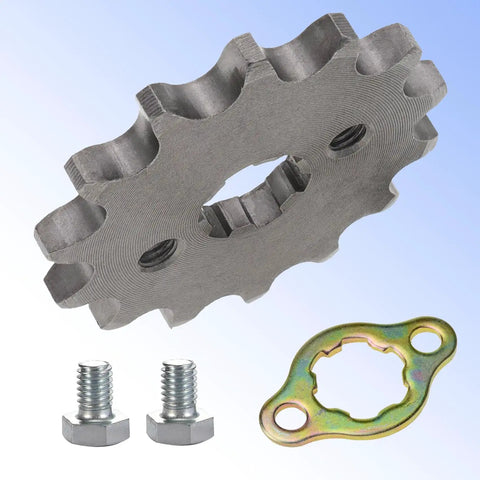 Front Engine Sprocket 420 14T 17mm Bore For 50cc To 160cc Dirt Bikes, 14 Tooth Gear shown with mounting bolts and plate