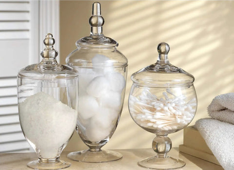 Set Of 3 Clear Glass Apothecary Jars With Lids For Candy Buffets And Home Decor Tall 10 Inch And Two 9 Inch Jars With 4.5 Inch Openings