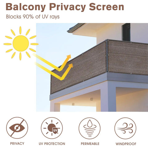 Brown Balcony Privacy Screen 3x10 Feet Heavy Duty Wind Screen For Outdoor Patio Deck Fence Backyard Privacy Net For Apartments UV Blocking Breathable Sun Shield Custom Size Options installed on a balcony.